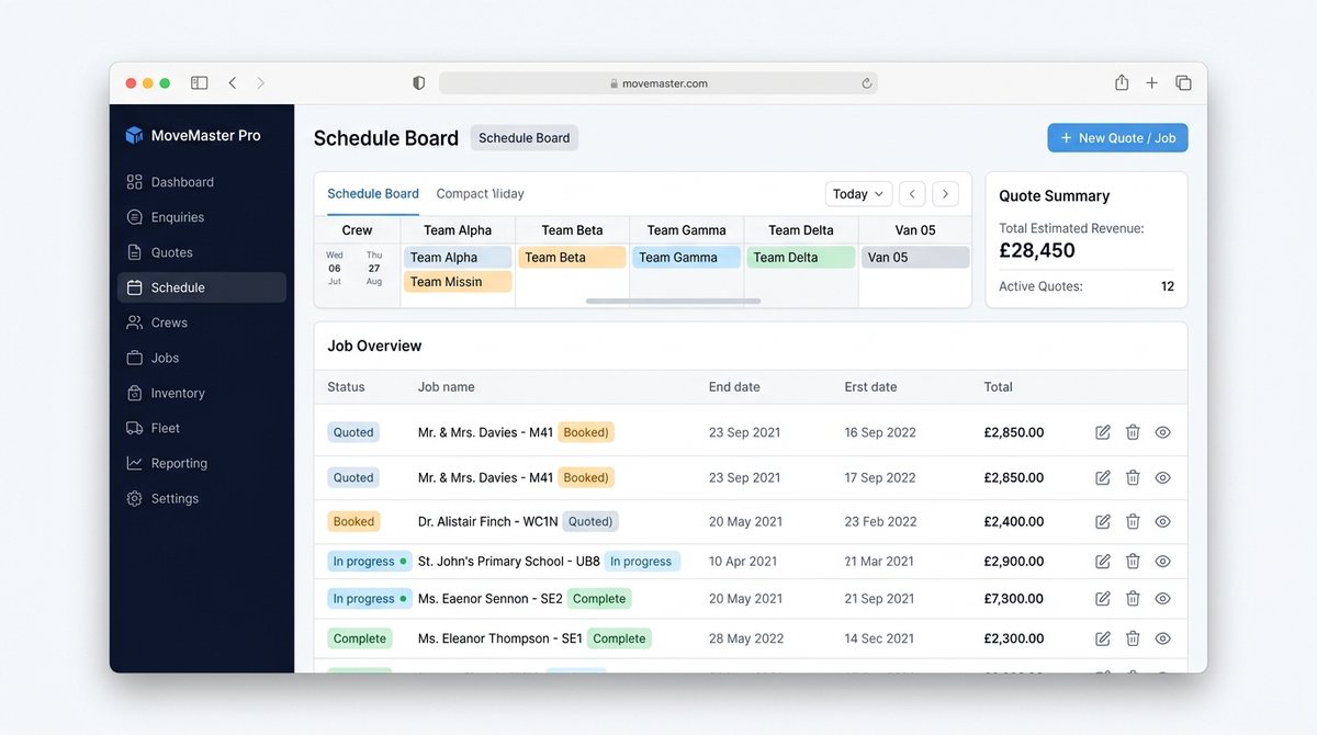 Removals operations platform — a job scheduling board with crew assignments and a quote summary