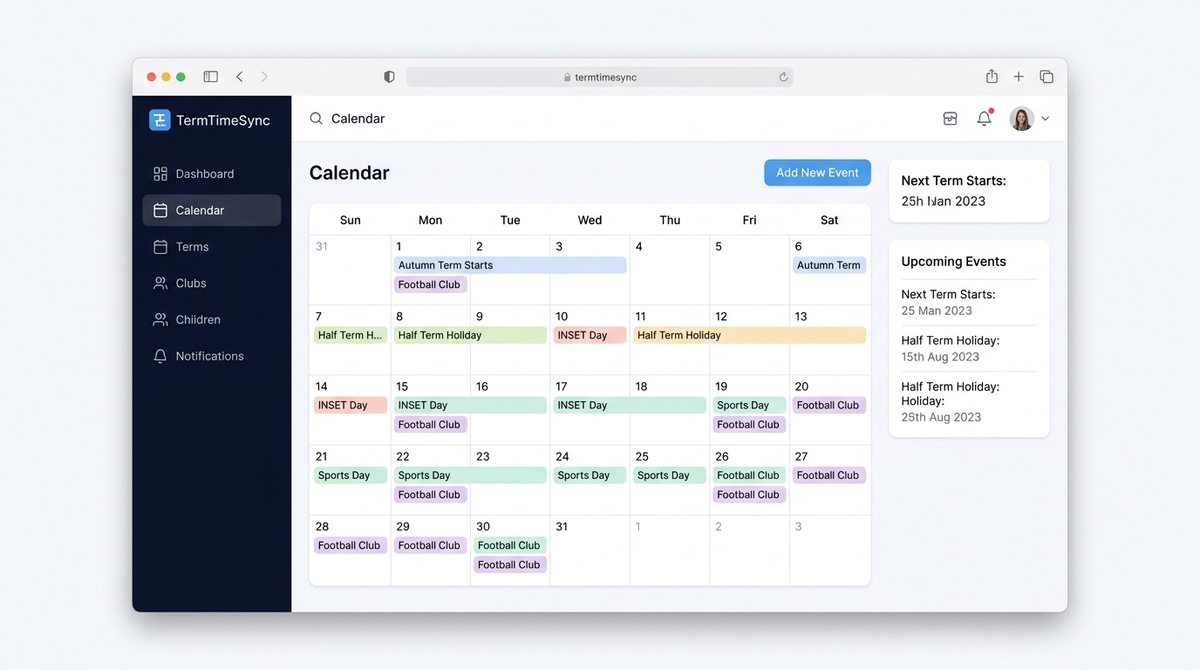TermTimeSync — a school term-time calendar with terms, holidays, INSET days and after-school clubs