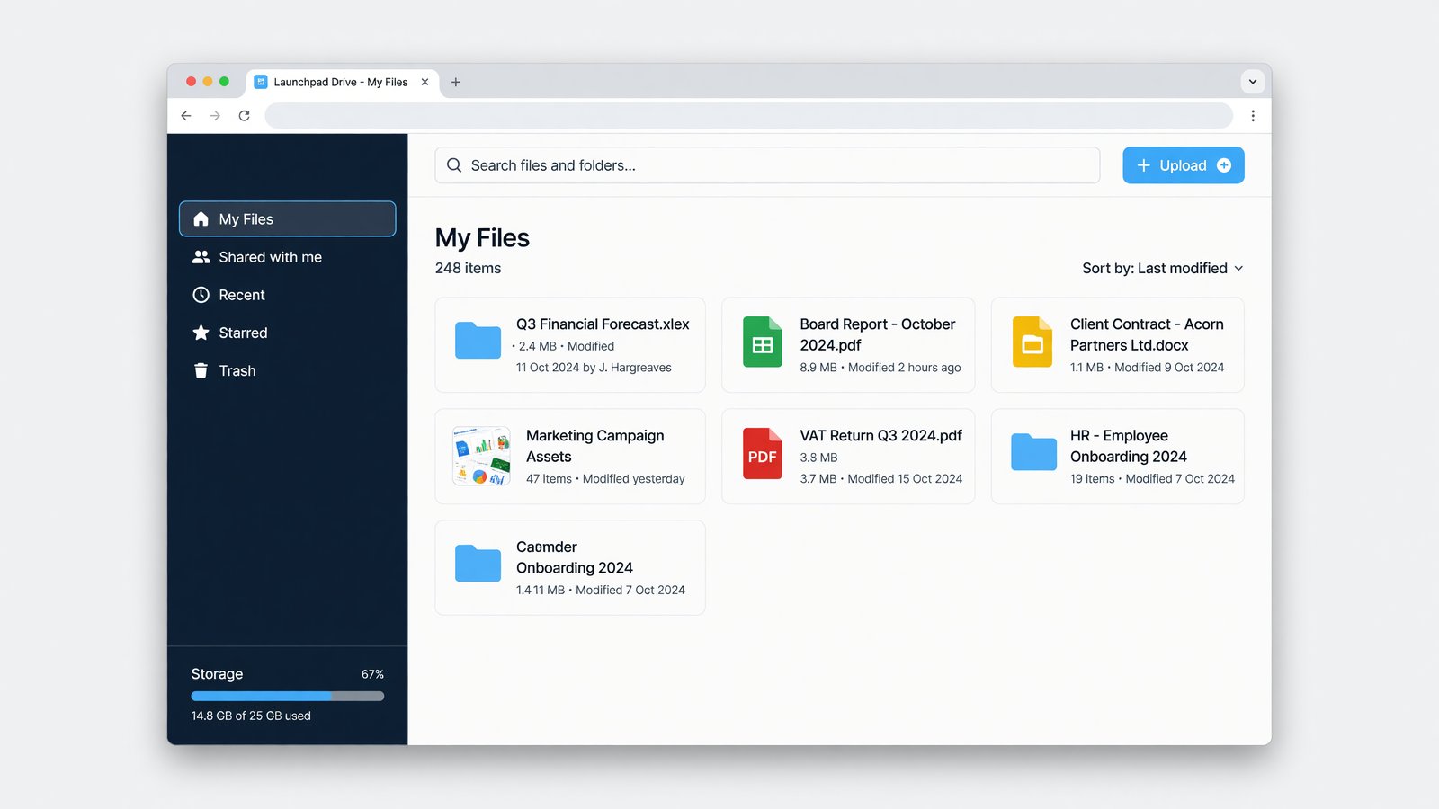 Launchpad Drive interface — file browser with folders, file list and storage usage