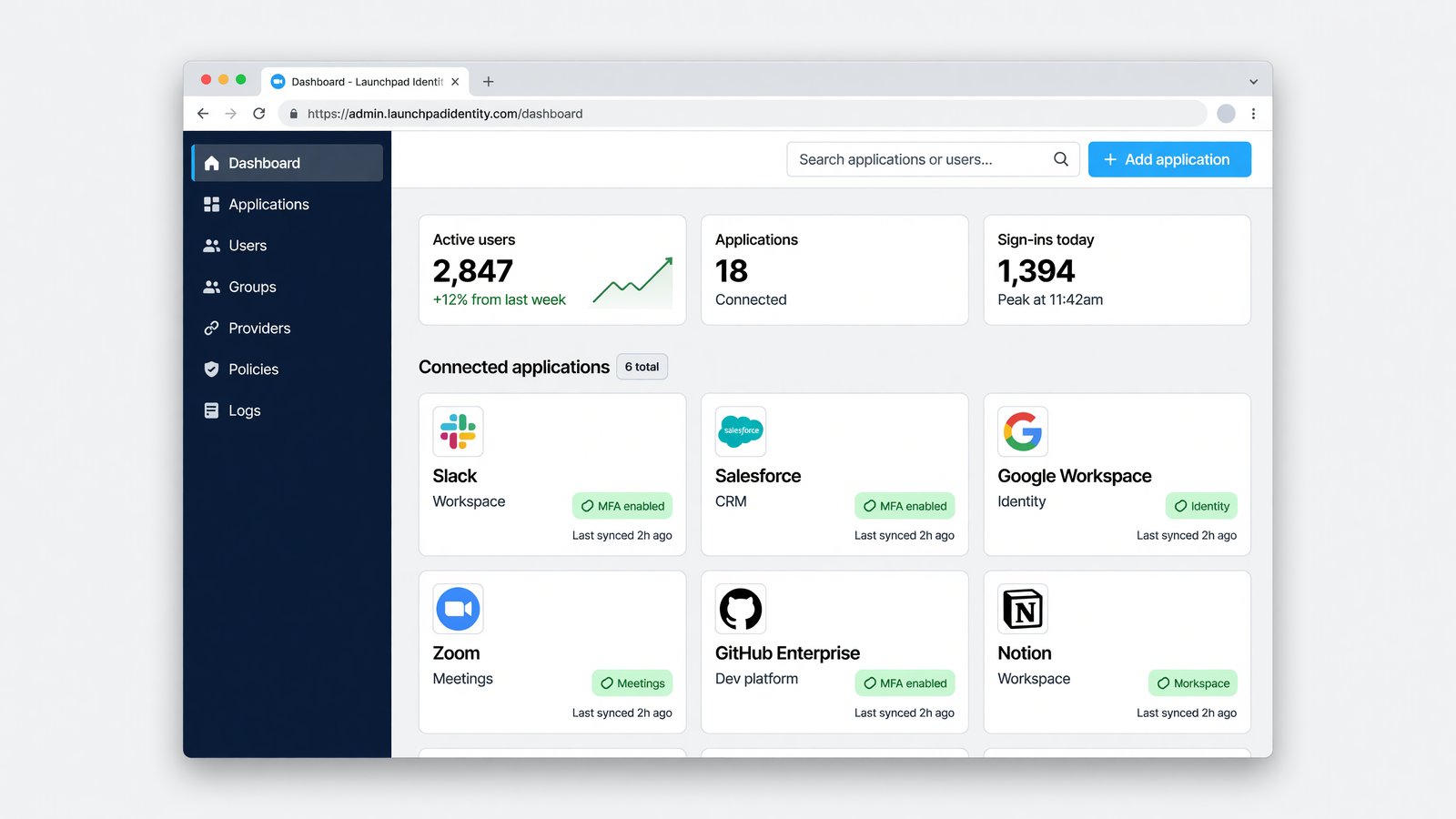 Launchpad Identity dashboard — single sign-on admin with connected apps and MFA status