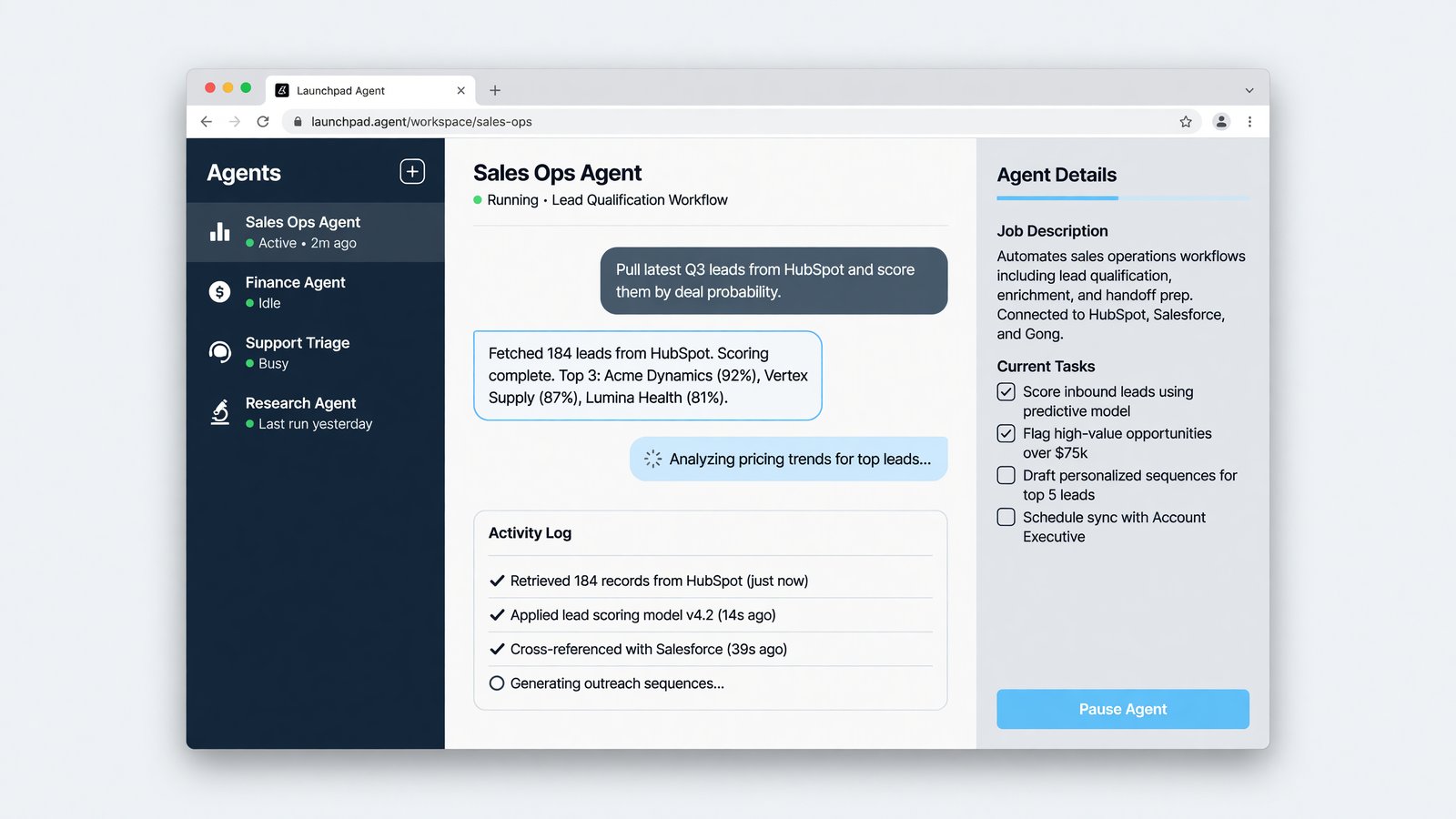 The Launchpad Agent workspace — agents, a live conversation and tasks