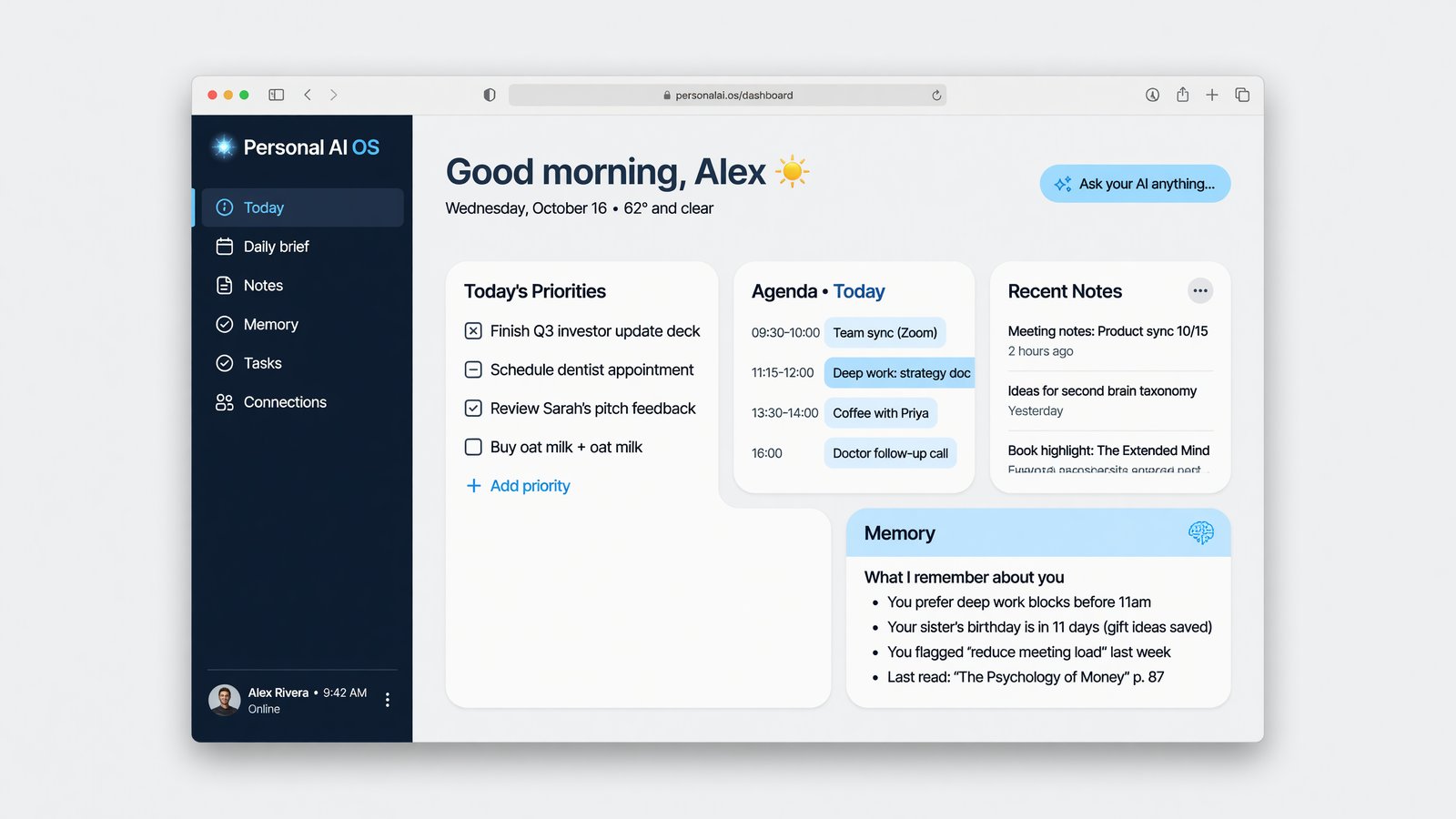 Personal AI OS — a daily-brief dashboard with priorities, notes and memory