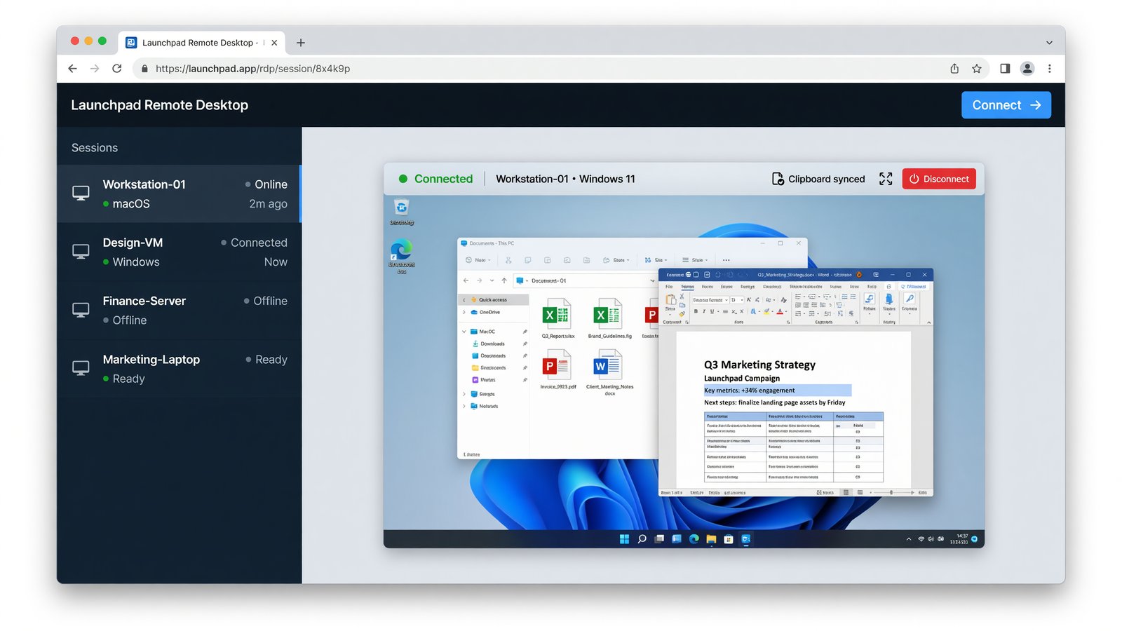 Launchpad Remote — a live remote session with the machine list sidebar
