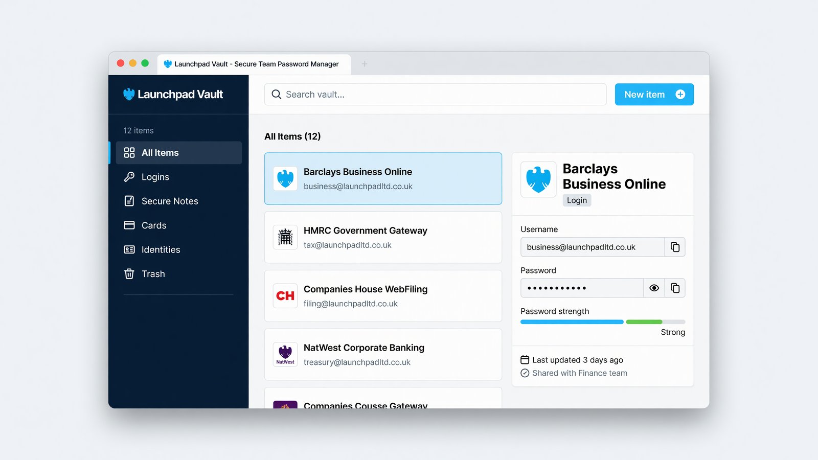 Launchpad Vault interface — team password manager with vault items and a password detail panel