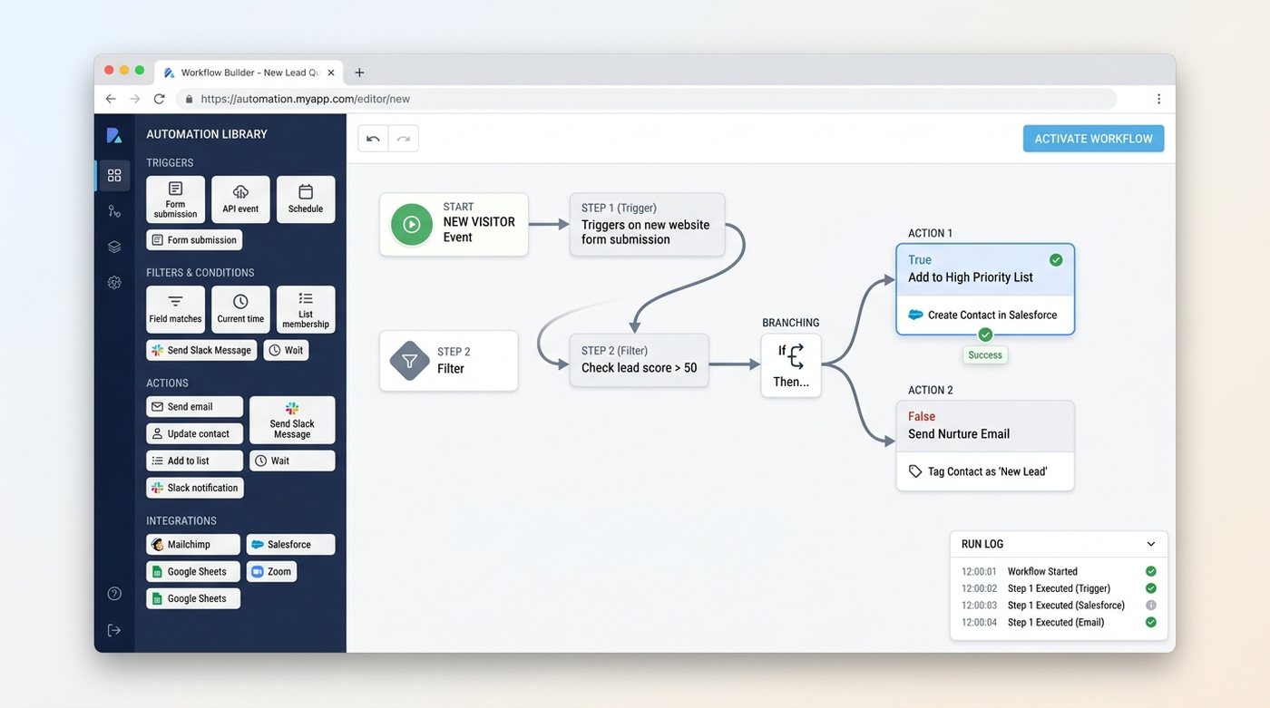 A visual workflow-automation builder routing leads through steps and conditions