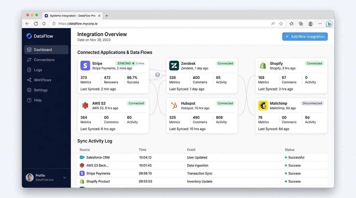 A systems-integration dashboard showing connected apps and live data flows