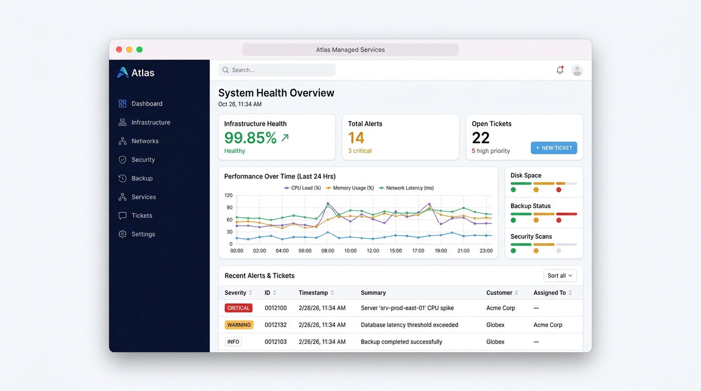 An IT managed-services monitoring dashboard with health, alerts and tickets