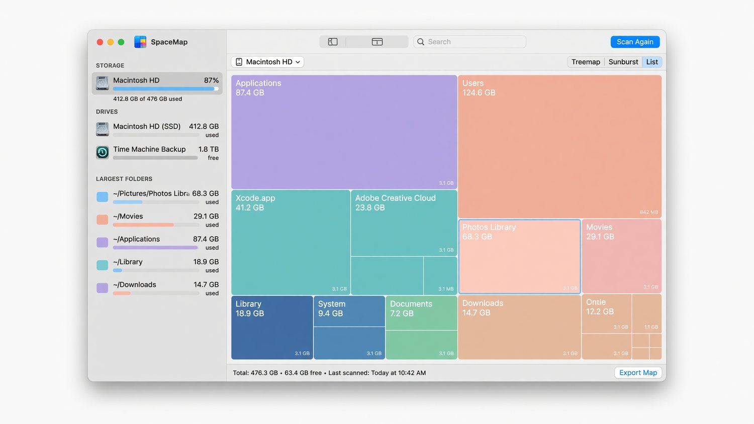 SpaceMap with the Light theme active