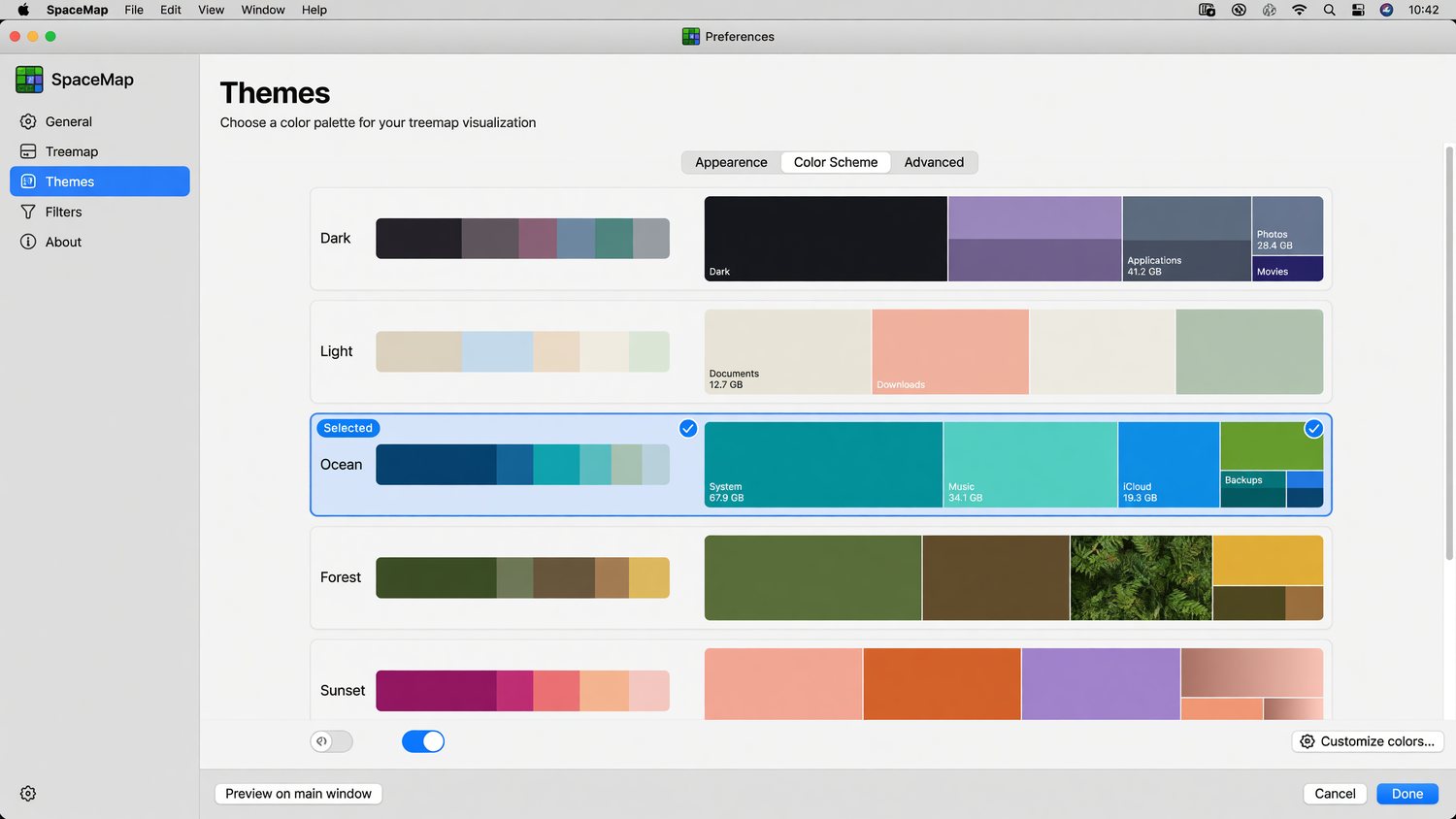 SpaceMap Settings → Appearance tab with theme presets
