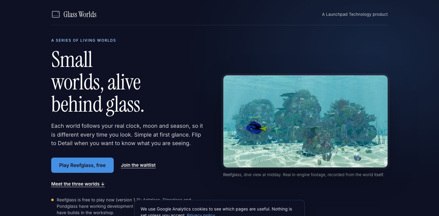 The Glass Worlds page on the Launchpad Technology site, with a still of Reefglass