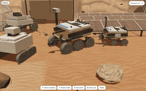 Six-wheeled robot rovers beside solar arrays on the red sand of Jezero Crater, Mars.