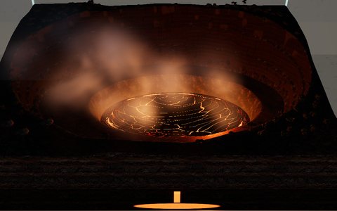 A glowing lava lake of cracked crust at the bottom of a stepped crater at night, with steam lit orange from below.