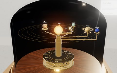 A brass orrery under a glass bell jar, with a glowing Sun and the planets placed where they are today.