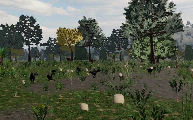 The Jehol valley meadow: feathered dinosaurs among ferns, horsetails and cycads, with conifers and ginkgos behind under a cloudy sky.