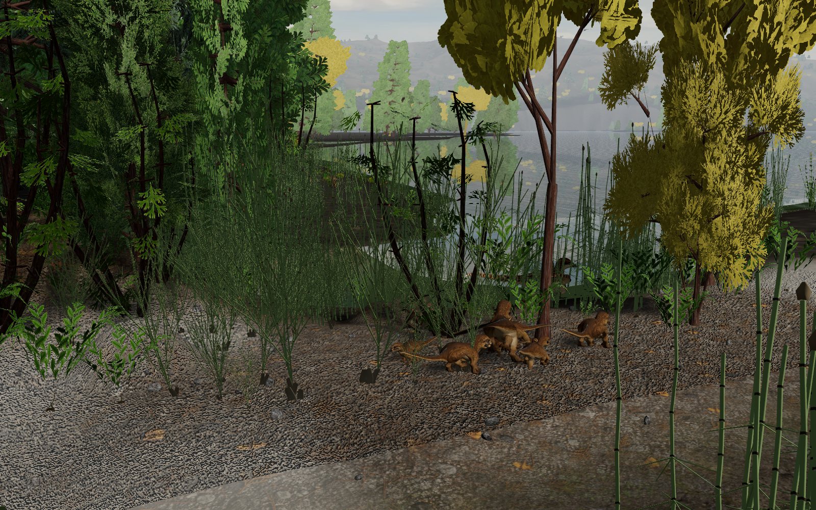 On the lakeshore, a crèche of young Psittacosaurus rests together on the mud beside horsetails, with a small feathered Sinosauropteryx nearby and the lake and hills beyond.