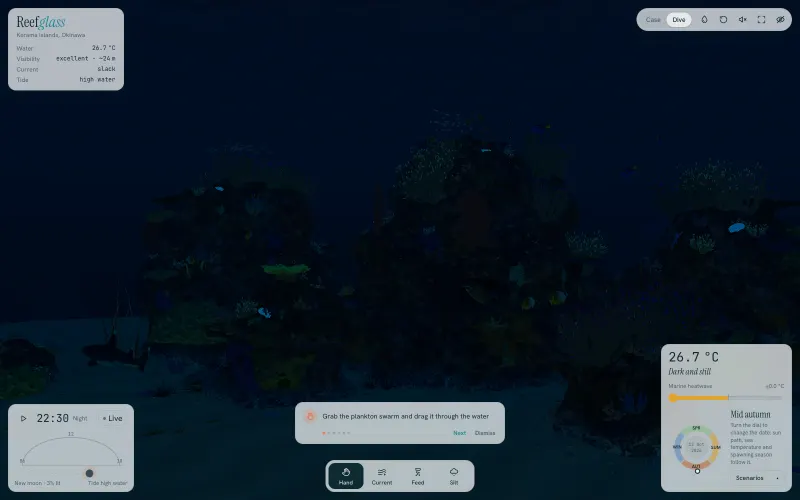 The same reef at night under a new moon: nearly dark, a few fish still visible.