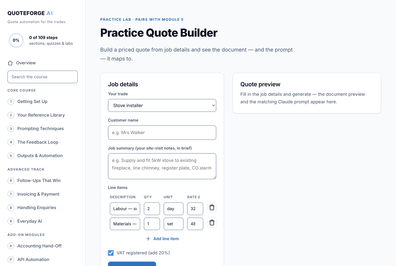 Practice Quote Builder lab with live totals