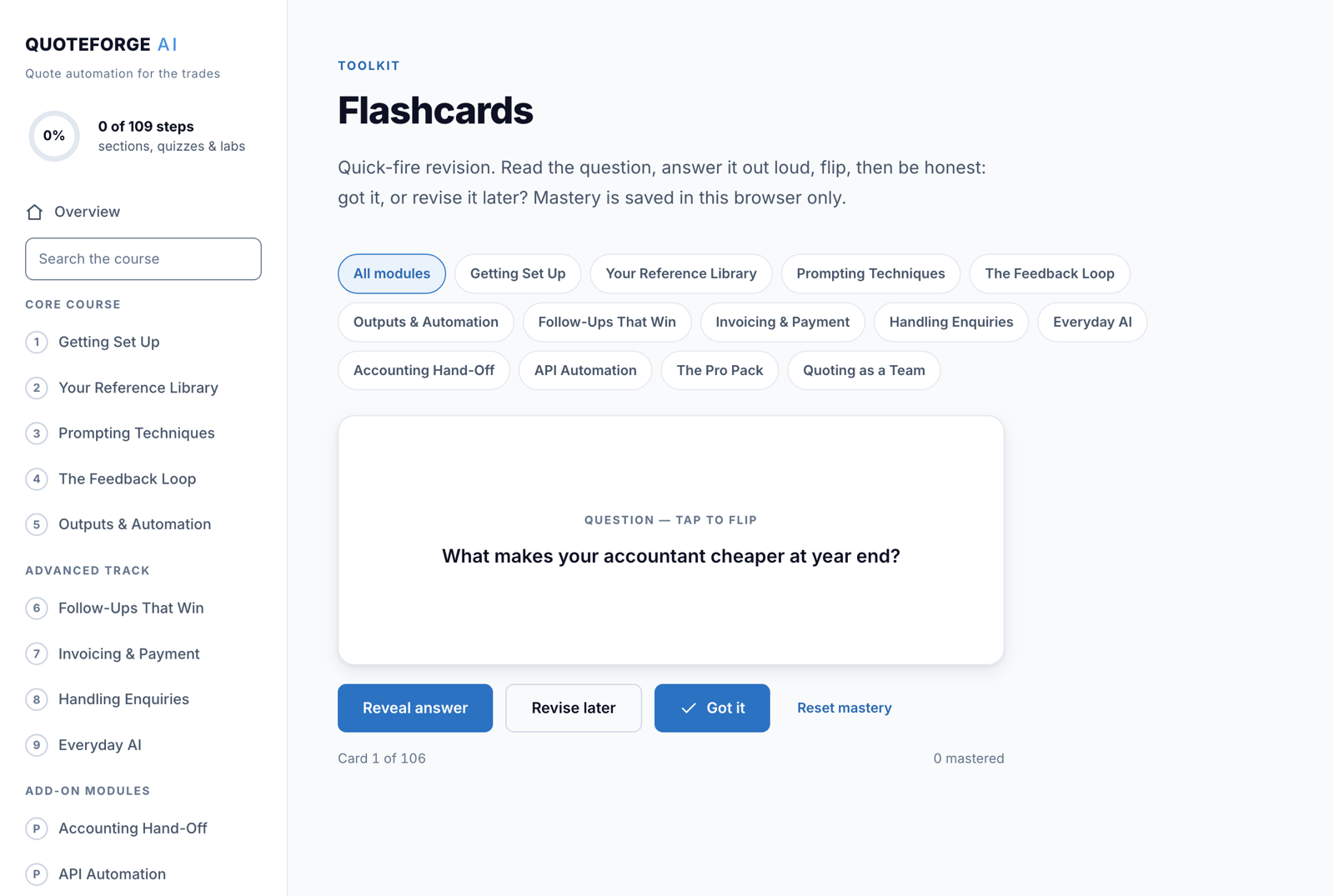 Flashcards — 95 revision cards in per-module decks