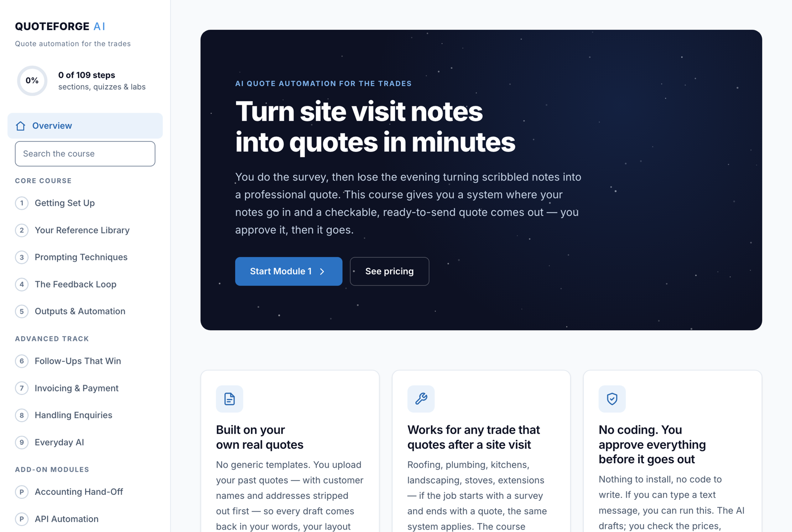 The QuoteForge AI course app — modules, progress tracking and practice labs