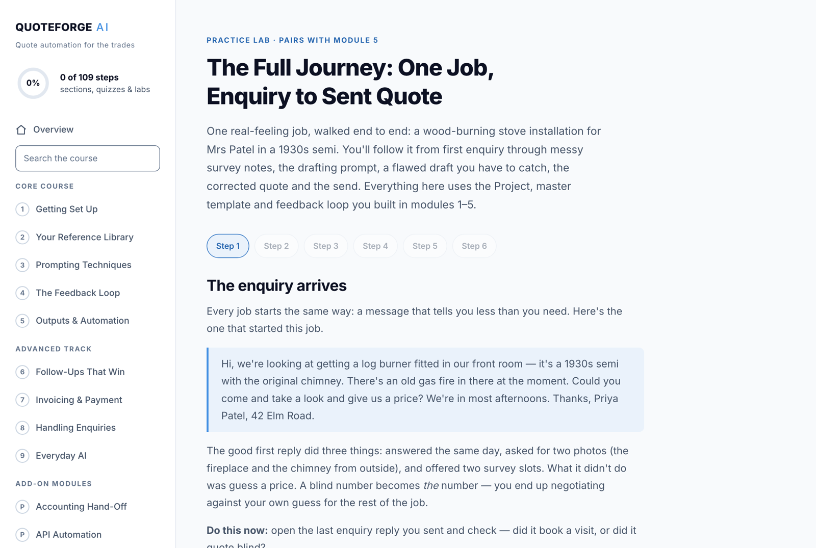 The Full Journey lab — one real stove job followed from enquiry to sent quote